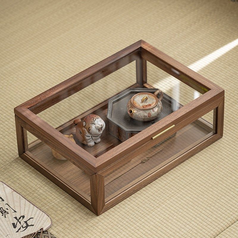 黑胡桃木茶壶收纳柜桌面玻璃防尘展示柜茶具杯具文玩实木陈列柜子