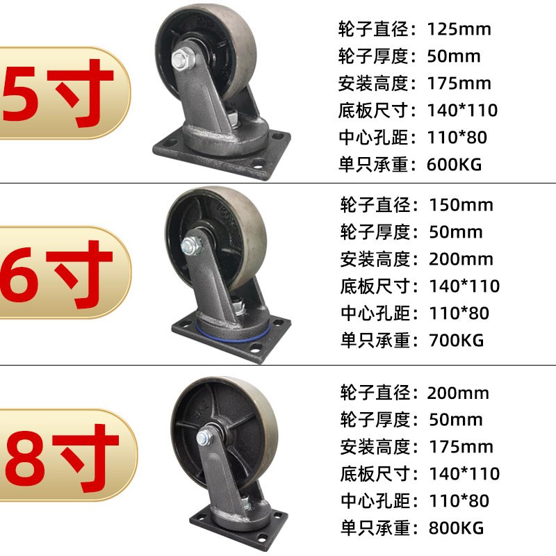 全铁脚轮重载定向轮刹车万向轮6寸5寸加重8寸轮工业带铸铁耐高温