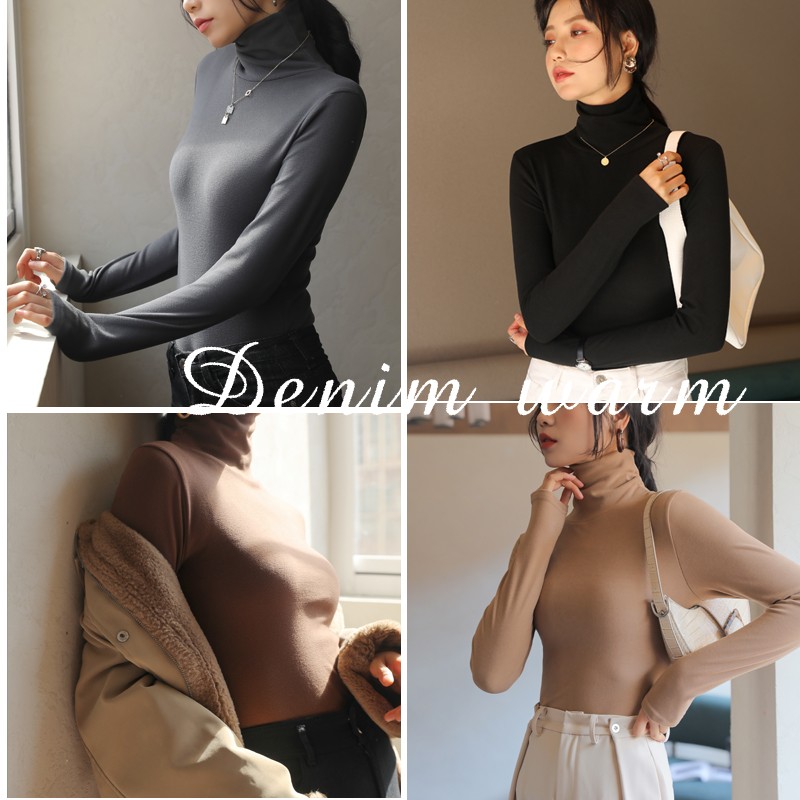 双面德绒堆堆半高领发热打底衫女内搭秋冬季洋P气白色加绒加厚长