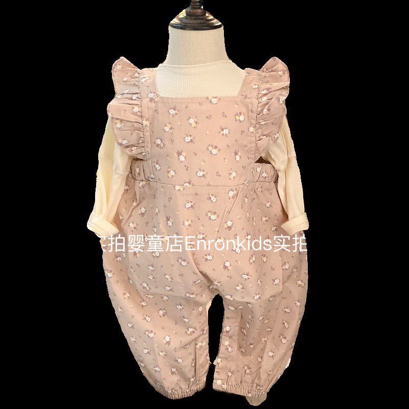 新款女宝宝春秋季连体衣婴儿长袖爬服碎花背带裤两件套小清新哈衣