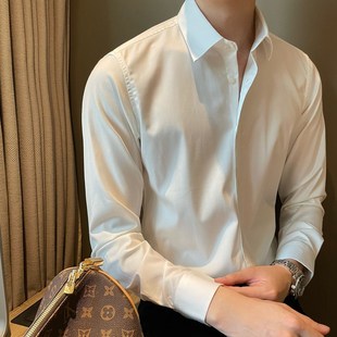 学院风男士 青年免熨烫方领白衬衣时尚 商务休闲纯色内搭衬 扣式 韩版