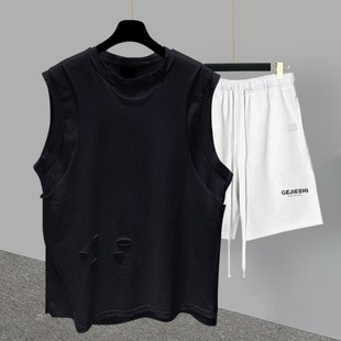 t恤套装 五分裤 男夏季 潮流百搭帅气学生宽松直筒裤 韩版 假两件无袖