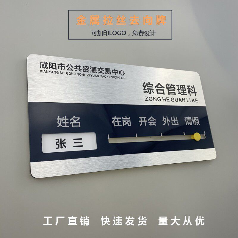 金属去向牌亚克力可更换门牌员工岗位牌标牌办公室人员公示牌定制
