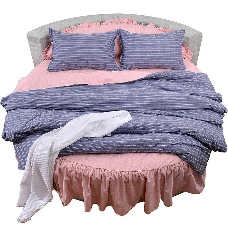 21秋冬新款圆床四件套床裙式全棉床品日式套件磨毛可定制条纹蓝粉