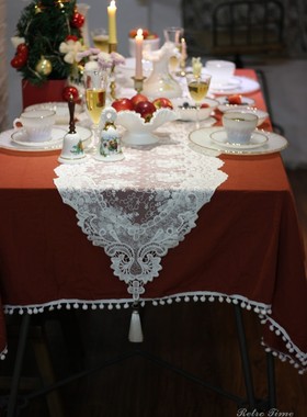 Retro美式橘红色小白球圆桌方桌餐桌布桌巾圣诞蕾丝桌旗烛光晚餐