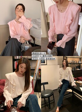 NAZ那子大码2025春季新款y法式荷叶边洋气小衫胖妹妹宽松气质衬衫