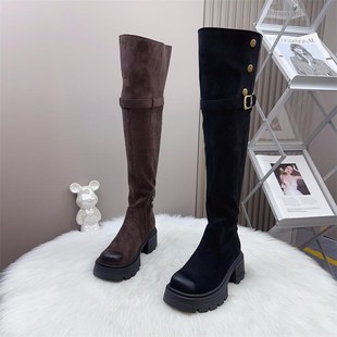 小个子增高7cm翻折两穿高筒靴长筒靴女厚底过膝弹力绒面长靴子女