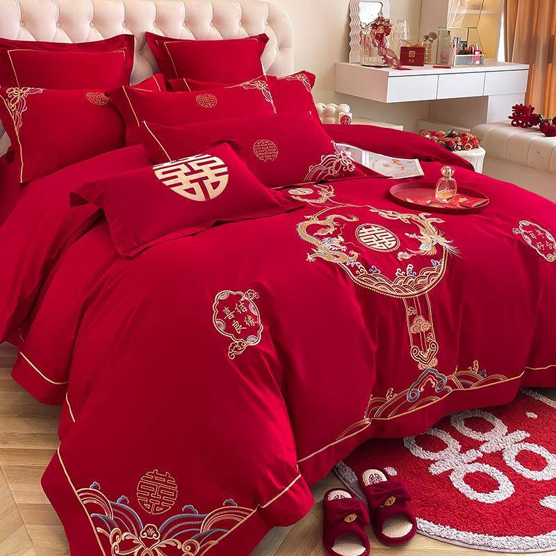 中式龙凤刺绣大红色婚庆四件套新婚陪嫁六件床单被套床上用品