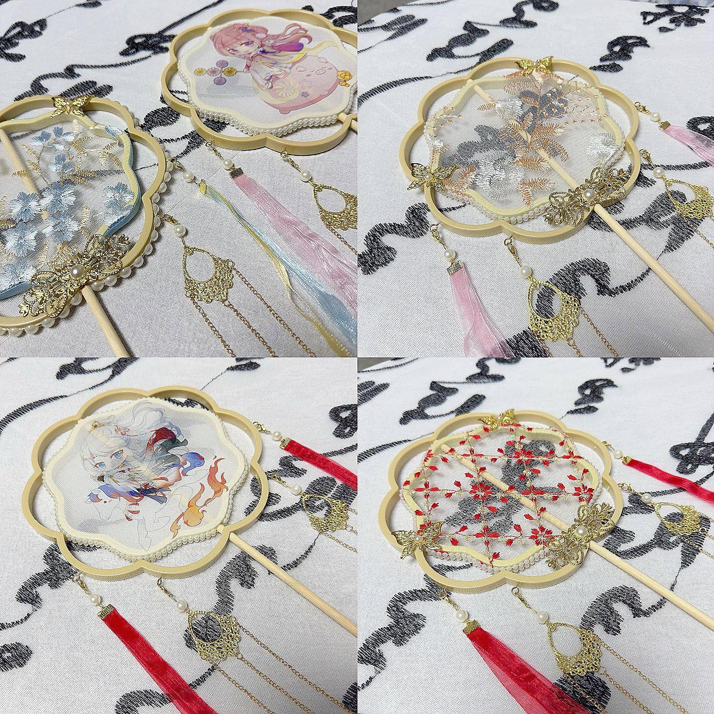 双环团扇古风扇子拍照扇女扇长柄流苏舞蹈扇汉服宫扇儿童旗袍圆扇