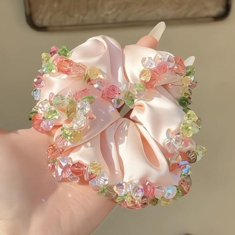 水钻花边发圈春游森系高级感发绳女生水晶缎面丸子头发饰拍照道具
