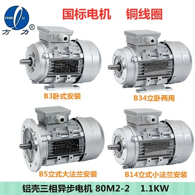 2极1.1KW方力电机Y2铝壳三相异步电动机YSYE2YE3FL-80M2-2-1100W