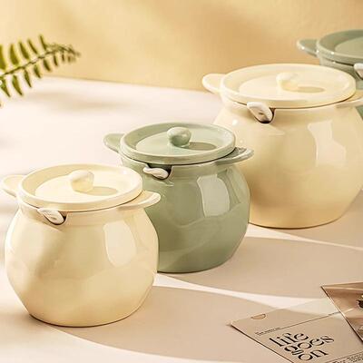 奶油风陶瓷猪油罐家用耐高温带盖荤油罐盆厨房调味罐的容器辣椒罐
