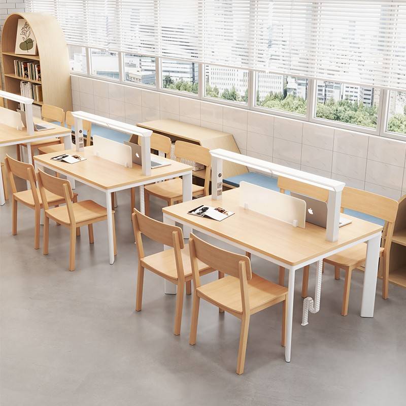 定制大学图书馆多功能阅览桌椅书店自习室实木带灯阅读桌配套家具