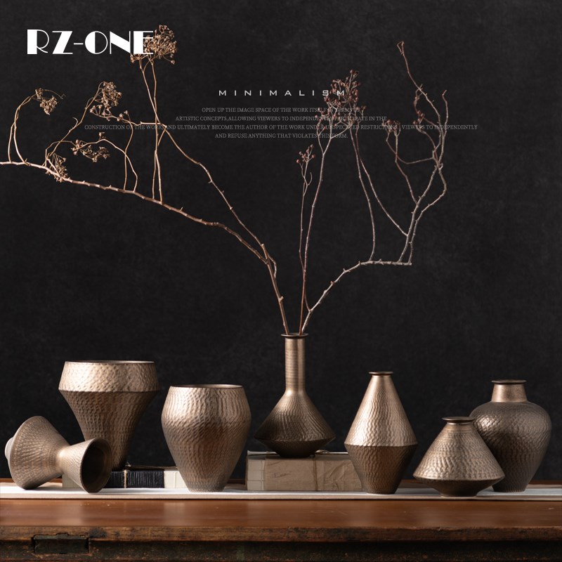 Rzone 复古手工花瓶中古陶瓷日式侘寂风小众鎏金花器会所装饰摆件