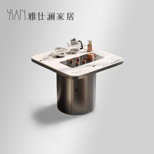 岩板方形茶台功夫茶桌椅组合小户型圆形柜筒家用阳台茶桌 轻奢意式
