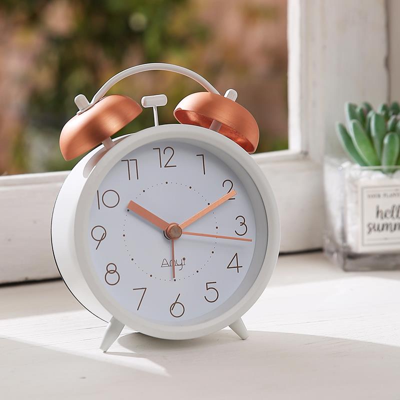 简色闹钟金属大声打铃床头懒人闹铃卧室静音夜灯光学生用定时钟表