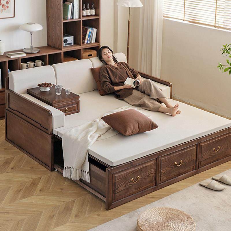 实木沙发床折叠两用多功能伸缩床新中式小户型客厅双人储物沙发