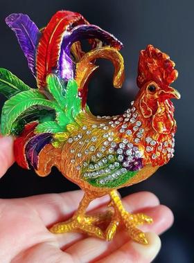 彩釉公鸡摆件鸡鸣富贵吉祥如意招财母鸡合金镶钻首饰盒装饰礼品物
