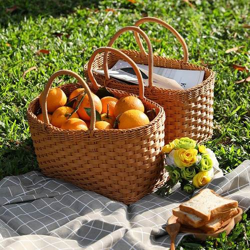 户外手提篮踏青篮收纳野营买 菜篮子道具彷藤编田园购物篮水果篮