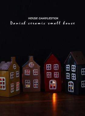 休闲自然出口斯堪的纳维亚手绘经典陶瓷房子烛台家庭装饰饰品烛光