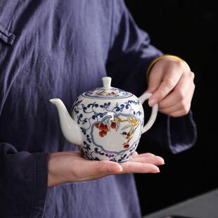 仿古茶壶陶瓷青花釉里红泡茶器家用大容量单壶中式简约防烫冲茶壶
