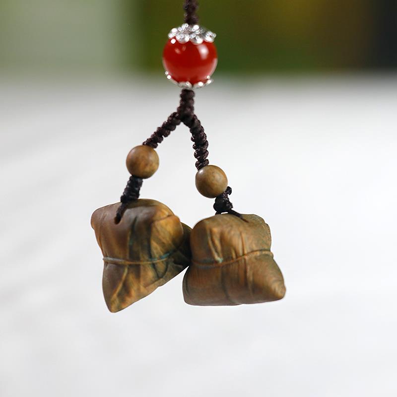 绿檀木雕端午粽子手把件摆件木质雕刻吊坠手机包汽车一举高粽挂件