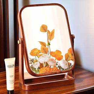 化妆镜女台式实木镜子家用胡桃木高清旋转镜子桌面立式复古梳妆镜