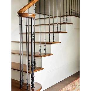 现代轻奢风实木铁艺楼梯扶手 复式楼梯护栏小柱经典黑色