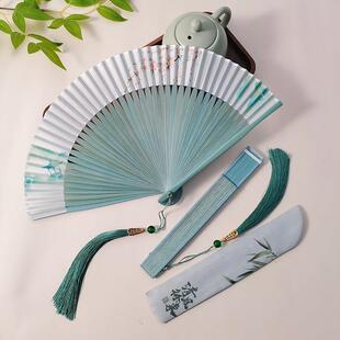 古风扇子折扇中国风青绿色新中式女生汉服旗袍夏季随身可携式小扇