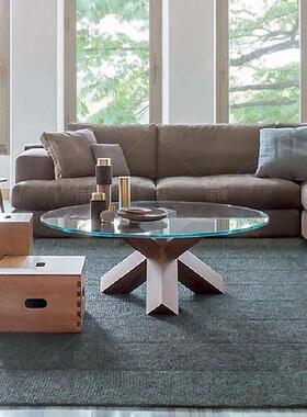 诺理NOL意式极简别墅设计师客厅钢化玻璃圆形咖啡桌全实木茶几