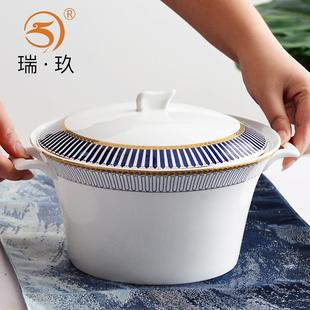 家用骨瓷汤锅面碗大汤碗酸菜鱼陶瓷金边带盖防烫双耳汤盆 瓷盆欧式