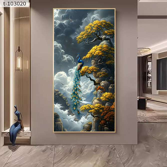 {活动价}孔雀玄关装饰画入户进门走廊背景墙挂画新中式山水竖版大图片
