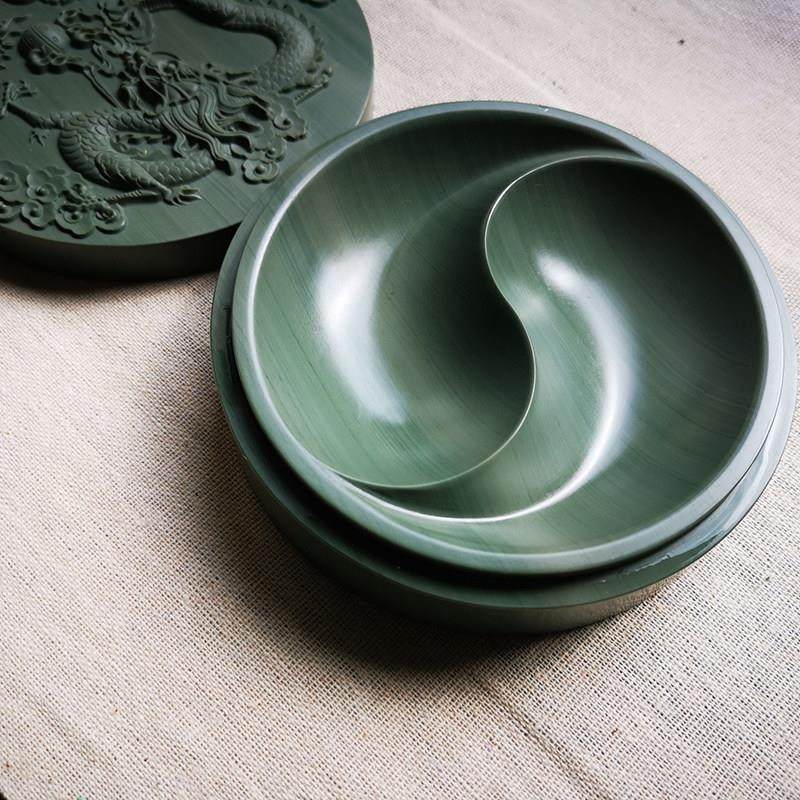 松花砚台 仙人洞老坑松花石砚 太极砚 墨盒 带盖子 文房四宝