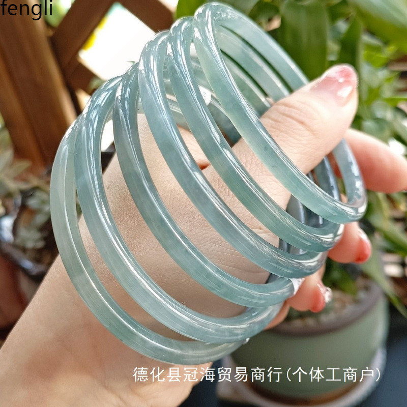 天然翡翠货细糯糯冰种水冰透起胶危料冰蓝水细圆条叮当手镯自然