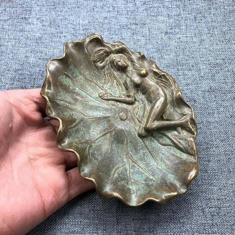 批发古玩物件杂项收藏 仿古纯铜荷叶美女笔洗 黄铜烟灰缸铜器摆件