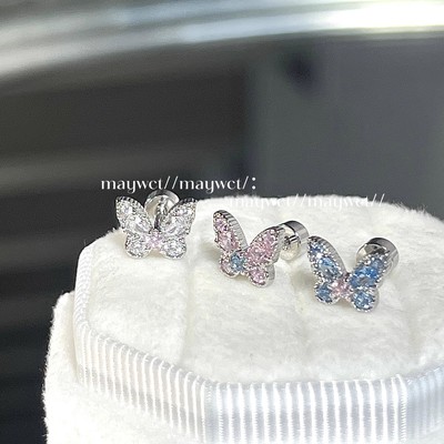 超美清冷冰川蓝粉色爆闪蝴蝶钛钢螺丝平底耳骨耳蜗钉洗睡免摘耳饰