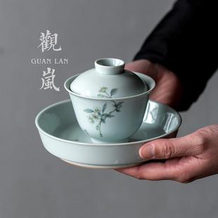 观岚仿古胎手绘海棠花盖碗茶碗陶瓷功夫茶具泡茶器茶杯家用三才碗