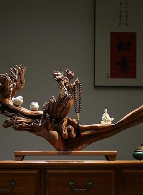 中式禅意根雕摆件天然原木风化枯木树根酒店茶室玄关侘寂风装饰品