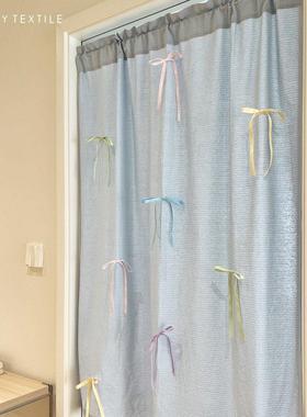 HEGALY 韩式可爱清新蝴蝶结少女浅蓝色门帘小窗帘透光覆古浪漫