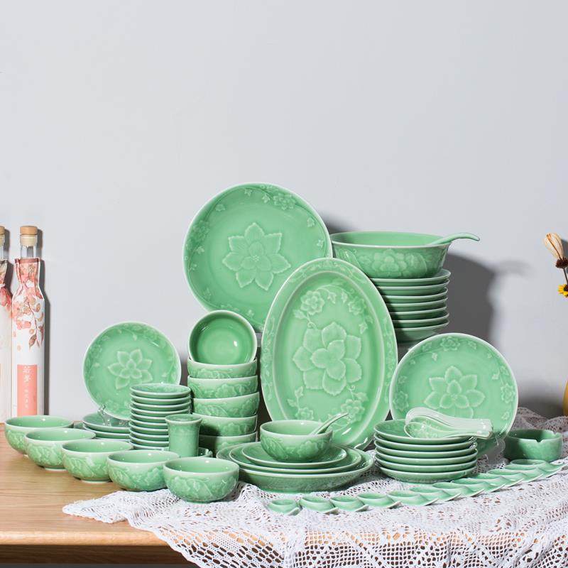龙泉青瓷碗碟套装家用中式青瓷餐具套装陶瓷新年汤碗高档碗盘整套