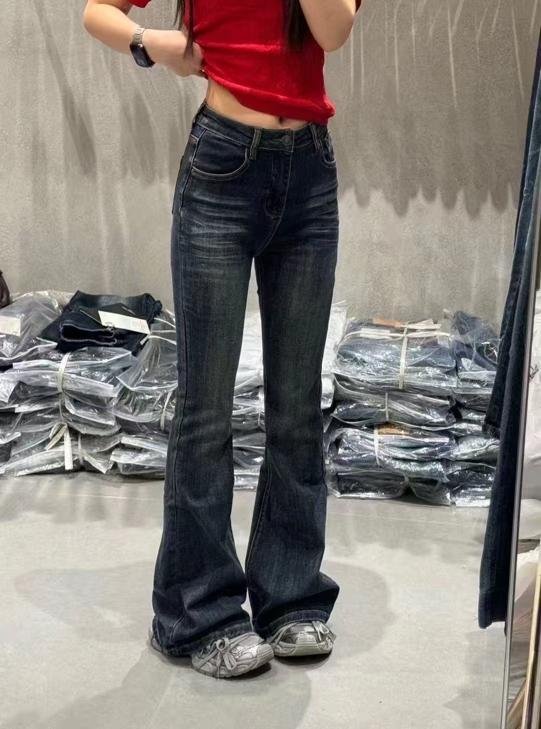 美式复古低腰辣妹微喇牛仔裤女百搭弹力修身显瘦马蹄裤潮我看牛仔