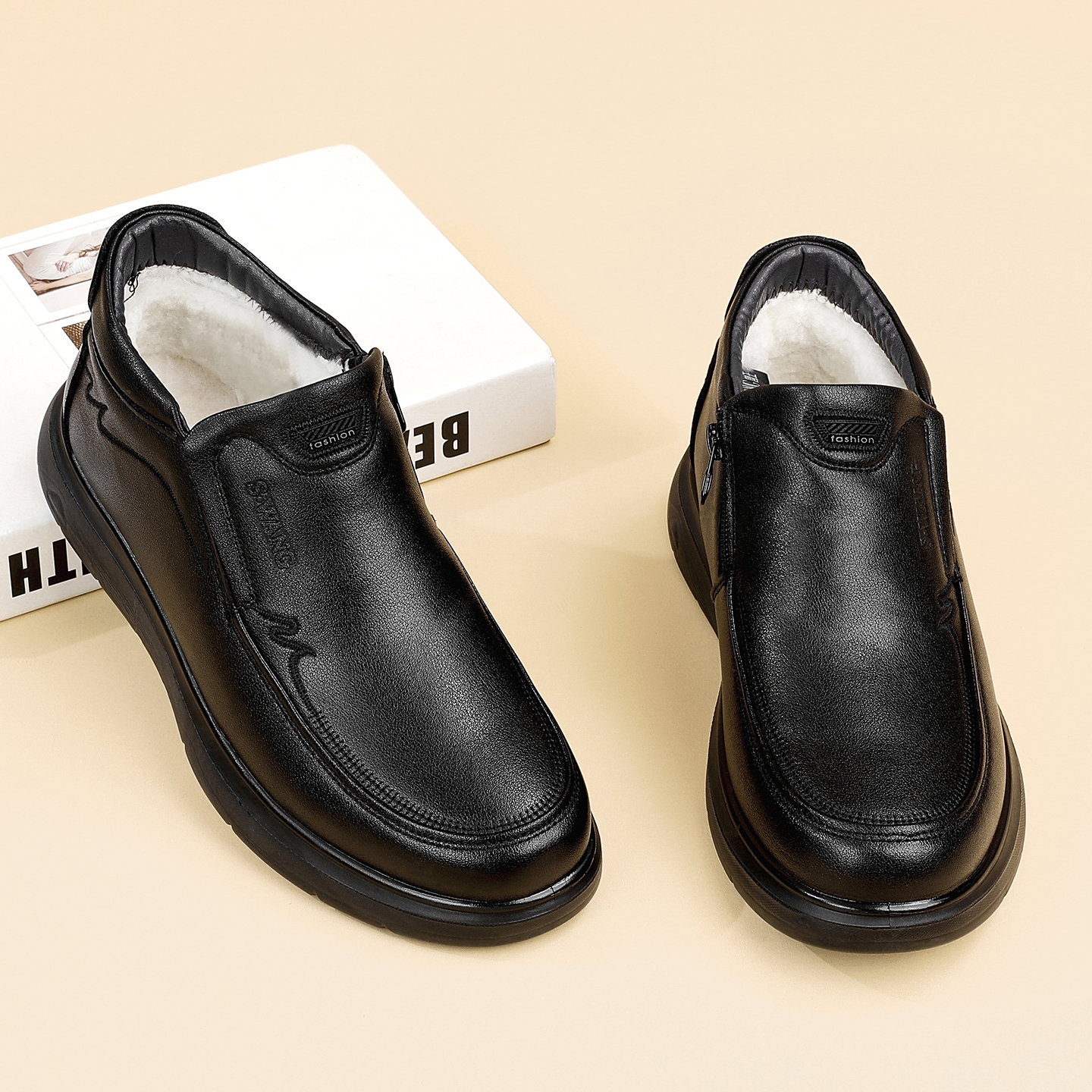 里奥犀牛冬季真皮羊毛保暖高帮棉鞋套脚加绒男士皮鞋棉皮鞋爸爸鞋