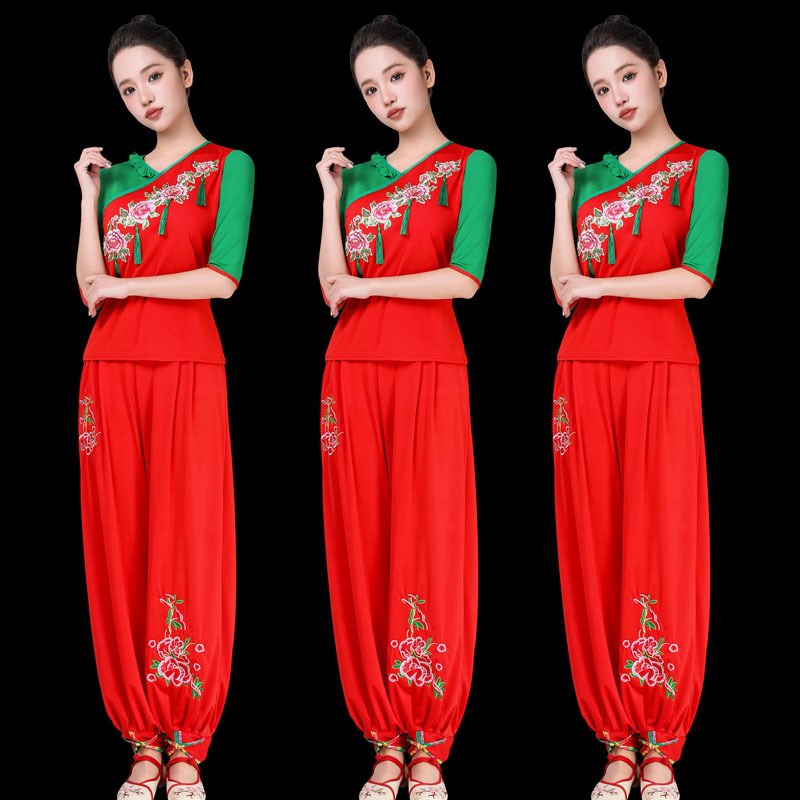 新款牛奶丝绣花广场舞服装女中年秧歌舞长袖女中袖灯笼裤表演服女