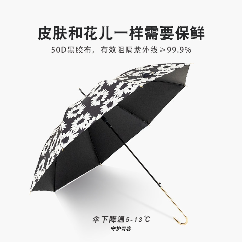 盐系小花伞女晴雨两用复古风长柄雨伞防晒防紫外线黑胶遮阳太阳伞