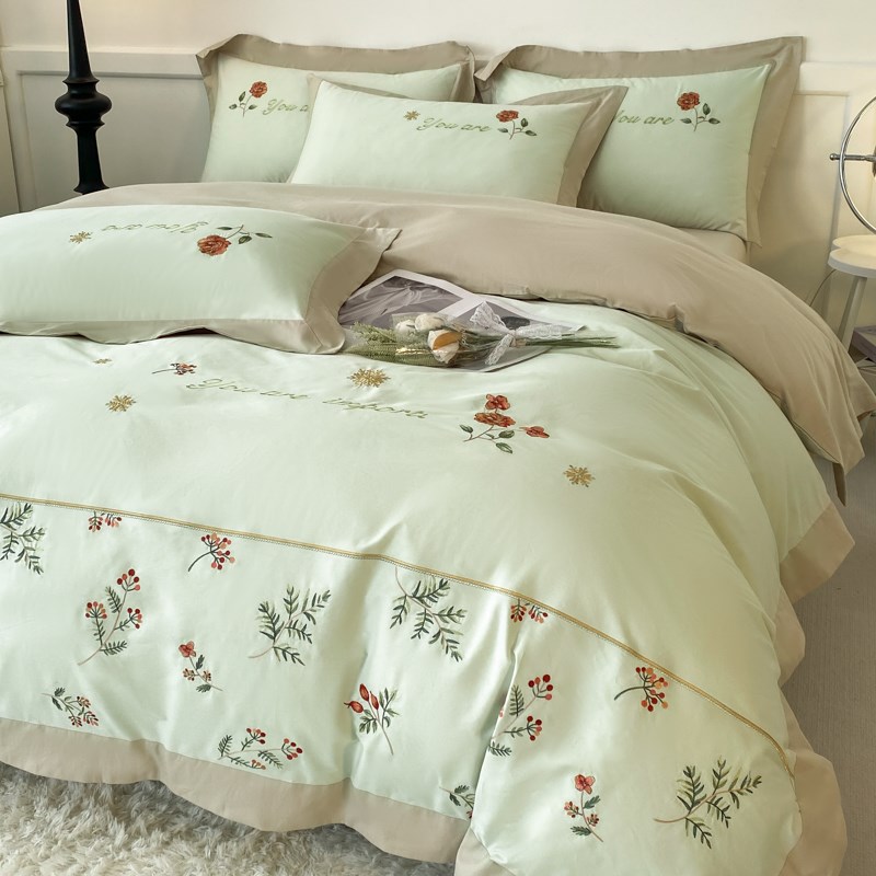 A类200支新疆长绒棉四件套全棉花卉刺绣被套床单红色床上用品