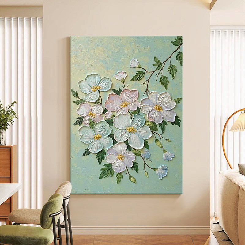 立体肌理白色蔷薇手绘油画绿植花卉客厅装饰画奶油风玄关饭厅挂画