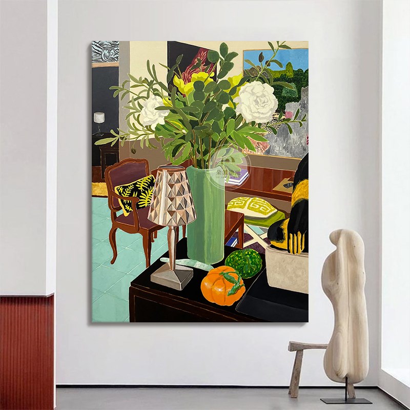 马蒂斯抽象花卉玄关肌理手绘油画意式绿植装饰画客厅大幅绿色挂画