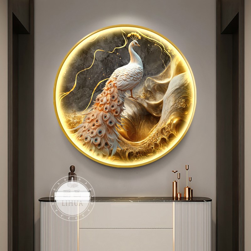 孔雀轻奢玄关装饰画客厅正对门壁灯画高级感圆形餐厅走廊过道挂画图片