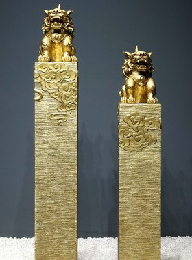 新玄关装饰栓马柱金色招财貔貅一对麒麟拴马桩立柱