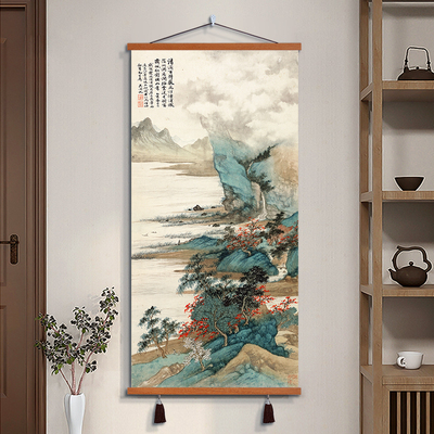 玄关挂画纳福迎祥山水画古风国画竖新客厅背景装饰画